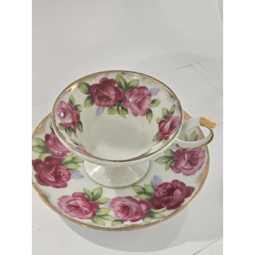 Vtg Del Mar Japan Hand Painted Pink Roses Teacup and Saucer Lusterware Gold
